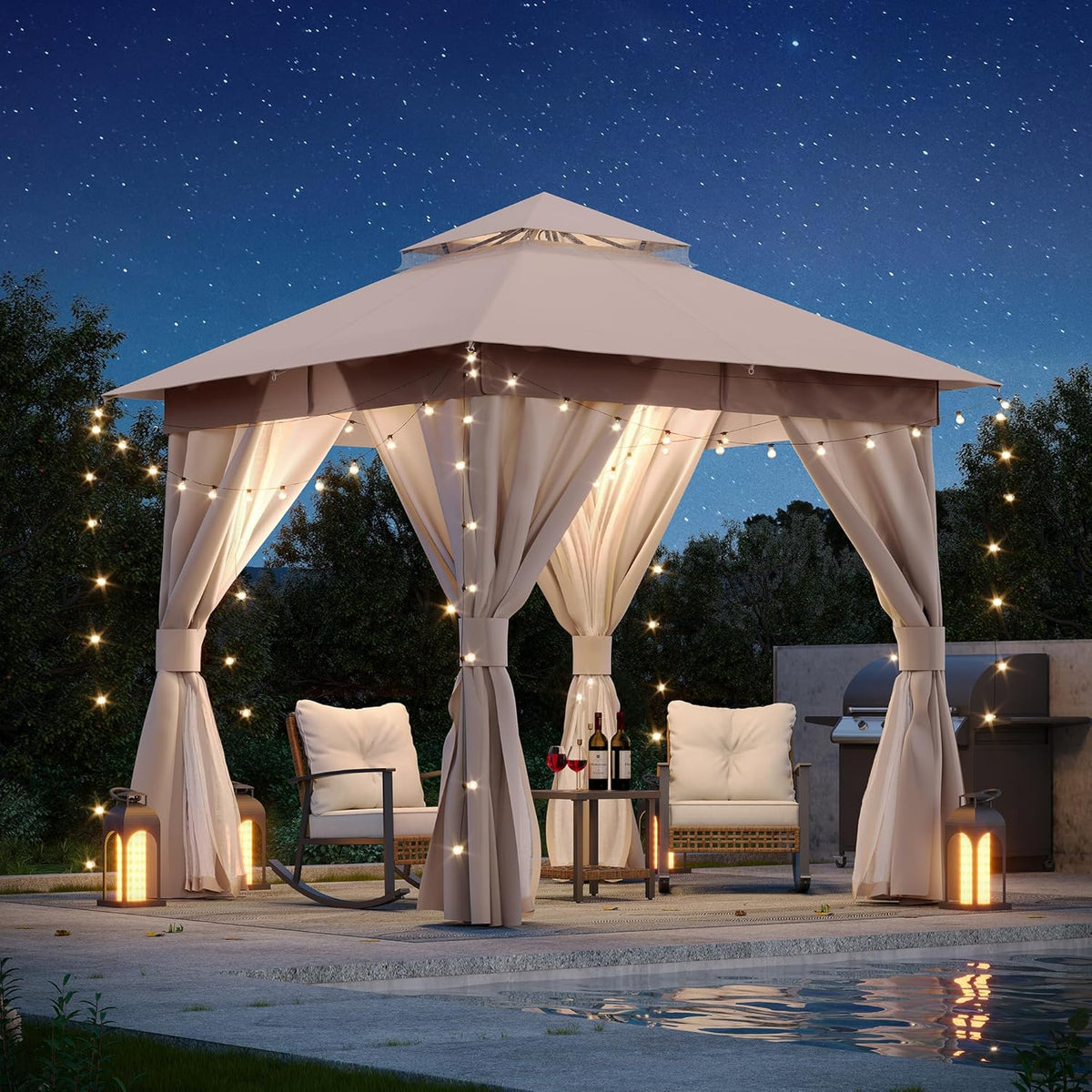 10x20 Gazebo Canopy with 100FT String Lights, Metal Heavy Duty Patio Canopy Tent with Double Roofs, Mosquito Nettings and Privacy Screens for Backyard, Garden, Lawn, Gray