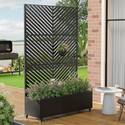 Casaphoria Metal Raised Garden Bed with Trellis and Wheels, 72"x47"x16" Planter Box for Climbing Plants, Vegetables & Vines, Features Drainage Holes and Privacy Screen (Black-Louver) - Colors C
