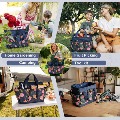 Waterproof Garden Tool Bag, 600D Oxford Portable Gardening Tote with Handle & Multi Pockets, Ideal Gifts for Parents Women (Green, Tools Not Included)