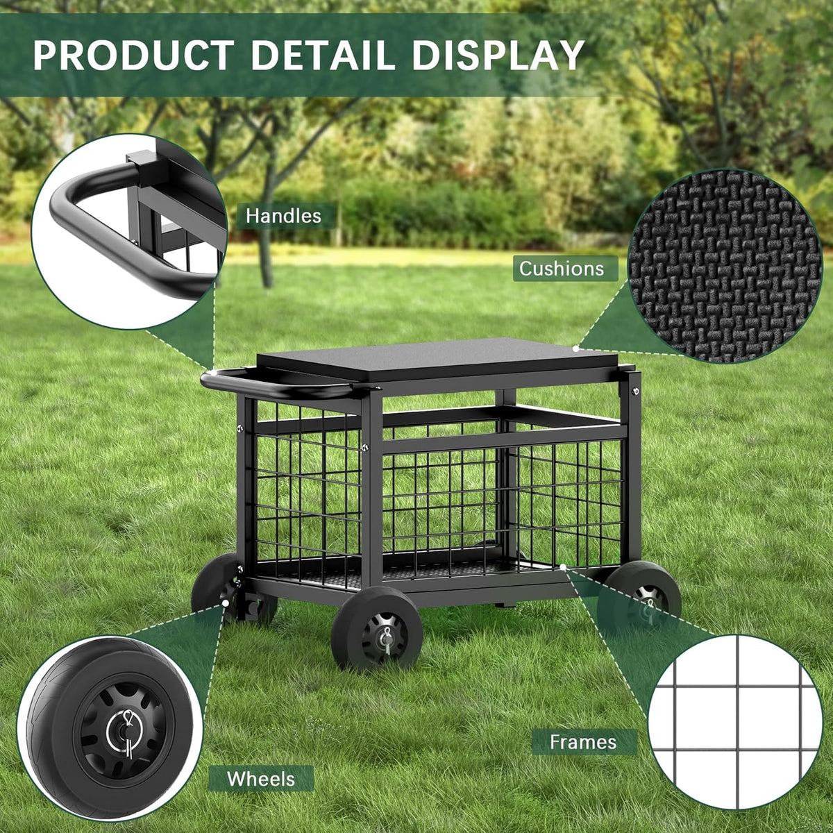 FLINTER Rolling Garden Work Seat with Wheels, Upgraded Heavy Duty Gardenning Cart with Seat - Garden Rolling Stools with Wheels for Seniors, Lawn, Patio & Backyard Gardening, Green