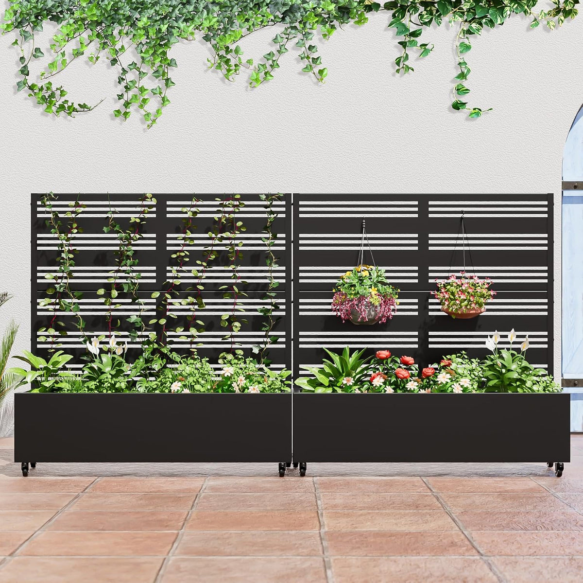 Casaphoria Metal Raised Garden Bed with Trellis and Wheels, 72"x47"x16" Planter Box for Climbing Plants, Vegetables & Vines, Features Drainage Holes and Privacy Screen (Black-Louver) - Colors A