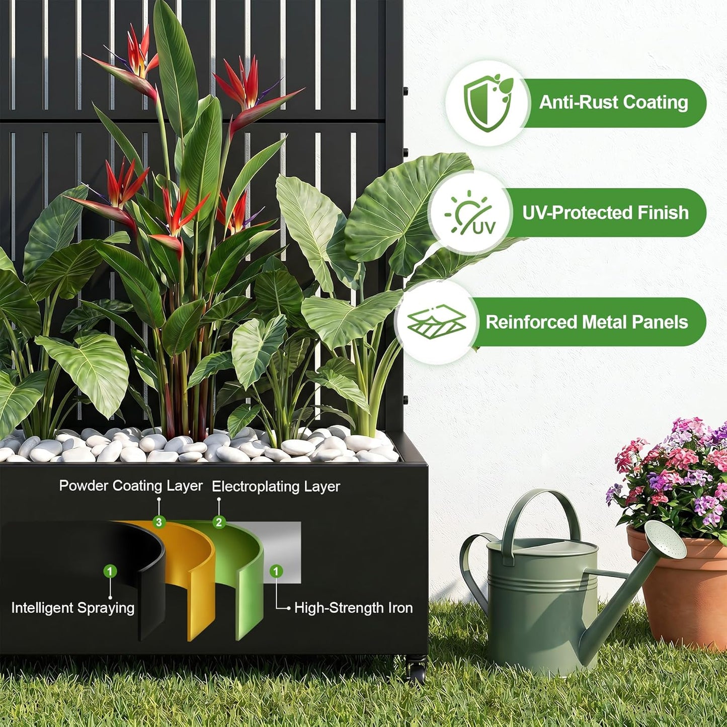 Casaphoria Metal Raised Garden Bed with Trellis and Wheels, 72"x47"x16" Planter Box for Climbing Plants, Vegetables & Vines, Features Drainage Holes and Privacy Screen (Black-Louver) - Colors D