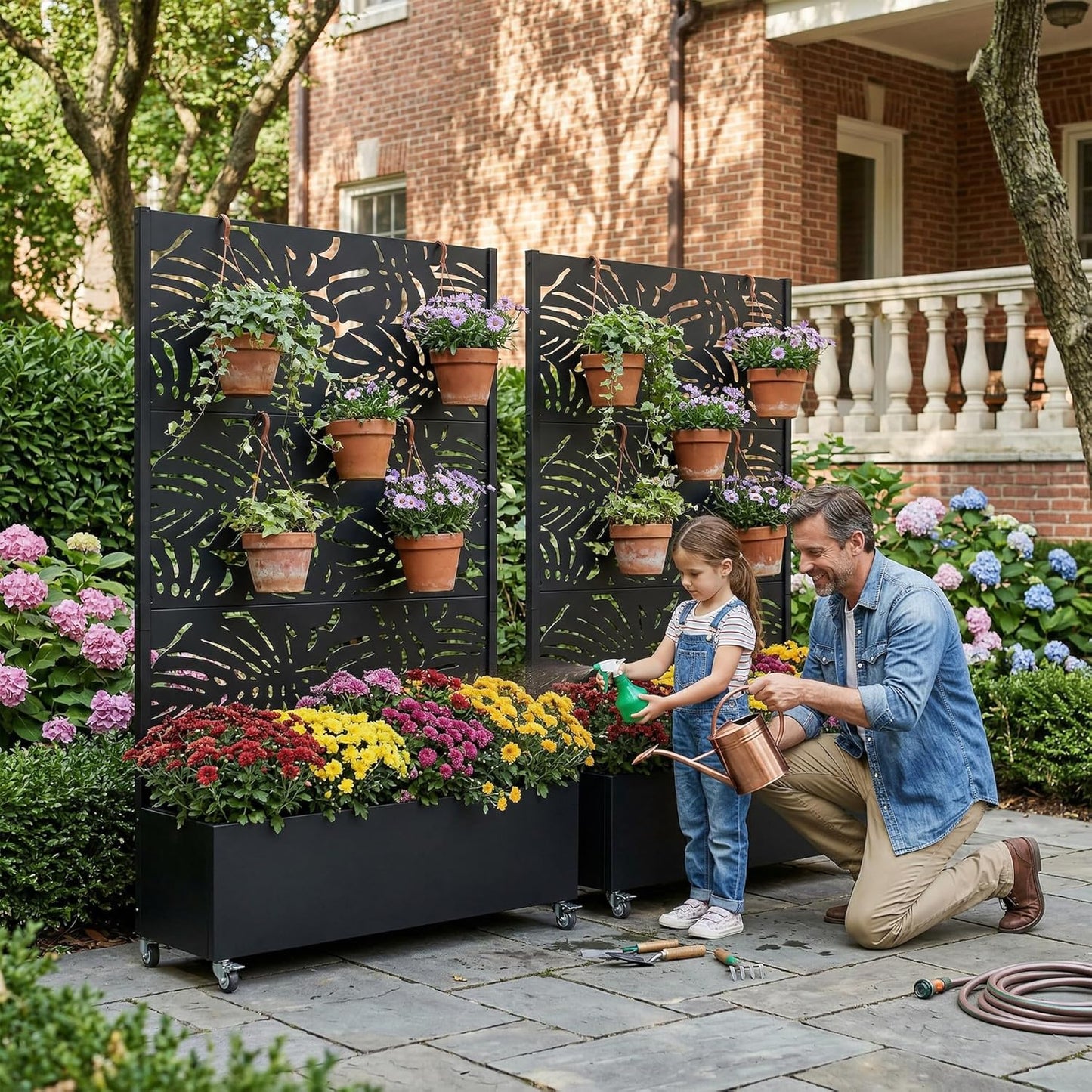 Casaphoria Metal Raised Garden Bed with Trellis and Wheels, 72"x47"x16" Planter Box for Climbing Plants, Vegetables & Vines, Features Drainage Holes and Privacy Screen (Black-Louver) - Colors B