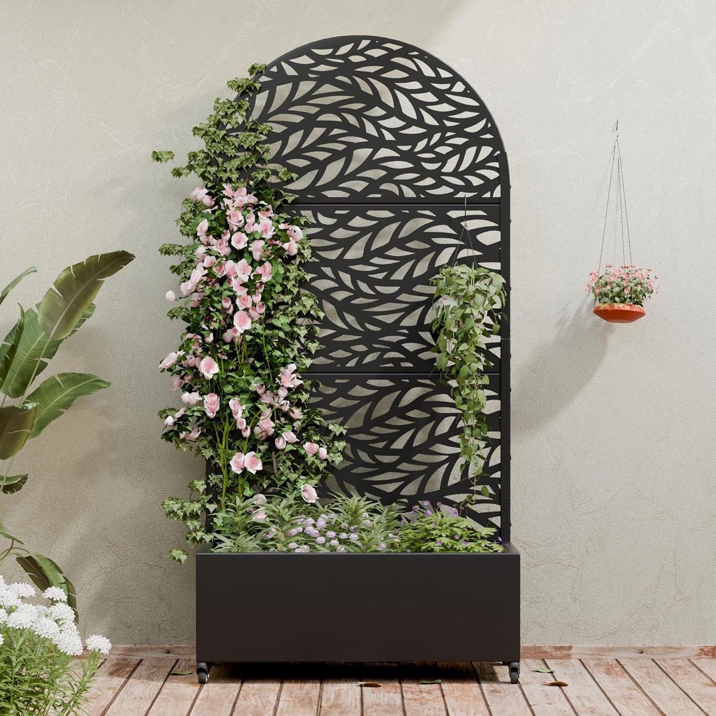 Casaphoria Metal Raised Garden Bed with Trellis and Wheels, 72"x47"x16" Planter Box for Climbing Plants, Vegetables & Vines, Features Drainage Holes and Privacy Screen (Black-Louver) - Colors A