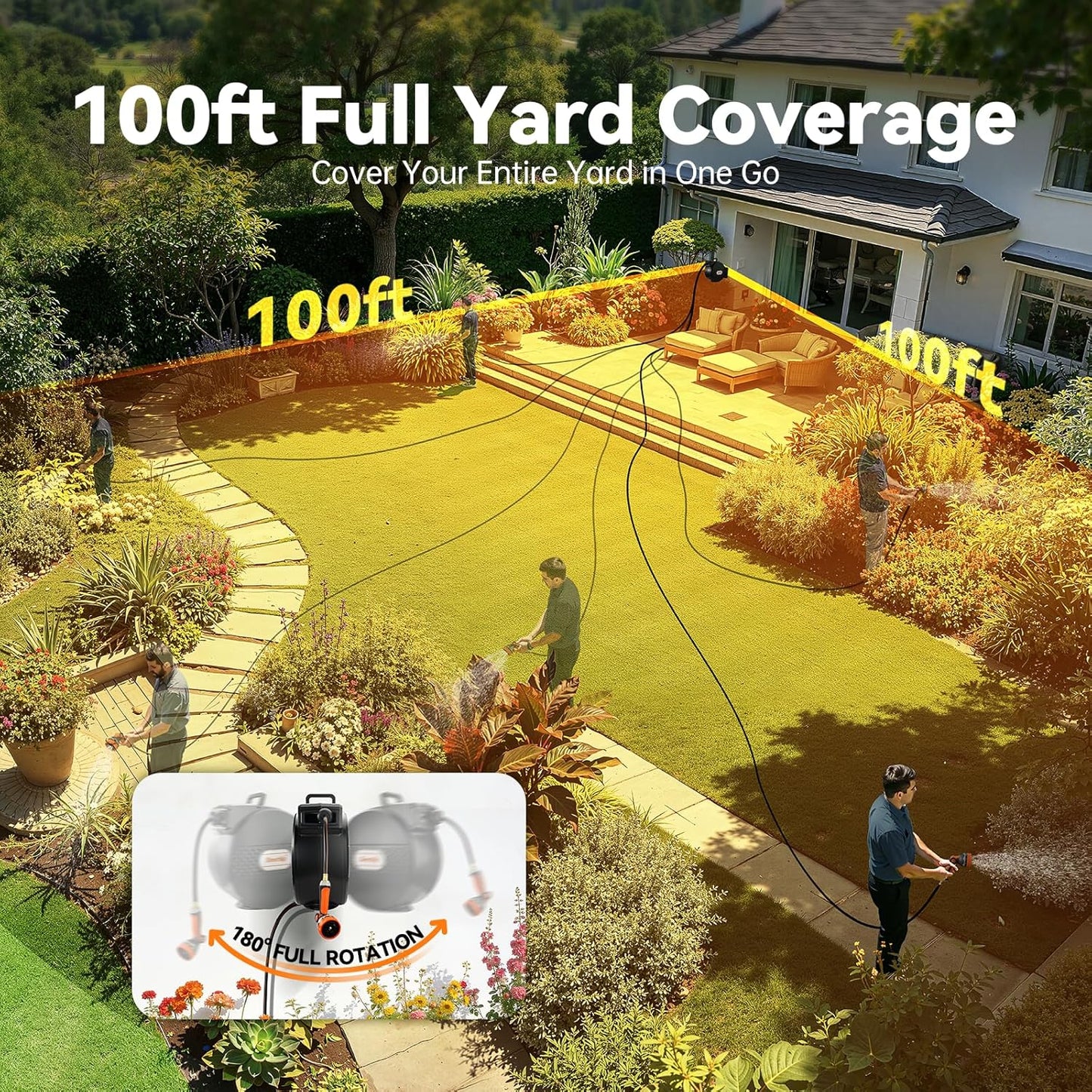 Retractable Garden Hose Reel, 1/2 in x 100 ft, Wall Mounted with 10-Function Nozzle, Any Length Lock & Slow Auto Rewind System, 180° Swivel Bracket, Black