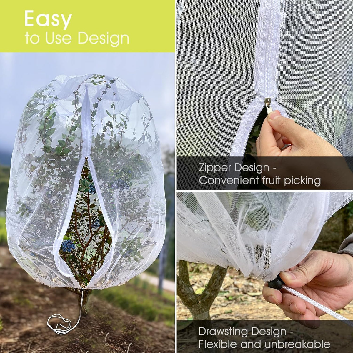 Fruit Tree Netting, RIFNY 3.9 X 3.3 FT Blueberry Bush Netting Cover with Zipper Drawstring, Outdoor Mosquito Net Garden Netting Cover Protector Plant from Birds Cicadas Animals Insect (4 PCS, White)