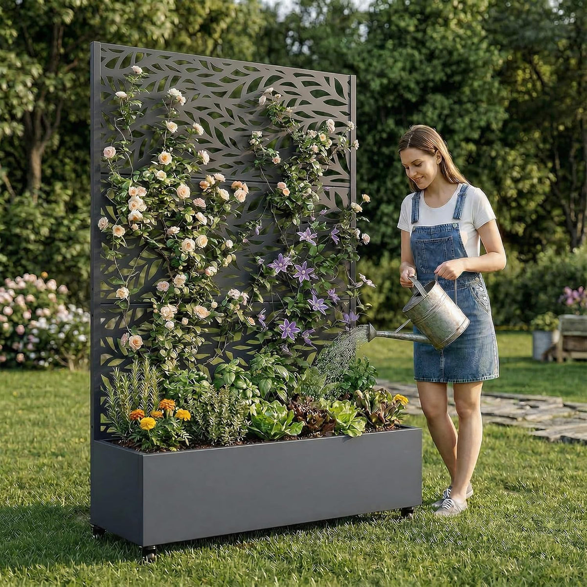 Casaphoria Metal Raised Garden Bed with Trellis and Wheels, 72"x47"x16" Planter Box for Climbing Plants, Vegetables & Vines, Features Drainage Holes and Privacy Screen (Black-Louver) - Colors B
