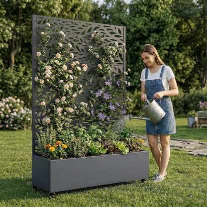 Casaphoria Metal Raised Garden Bed with Trellis and Wheels, 72"x47"x16" Planter Box for Climbing Plants, Vegetables & Vines, Features Drainage Holes and Privacy Screen (Black-Louver) - Colors B