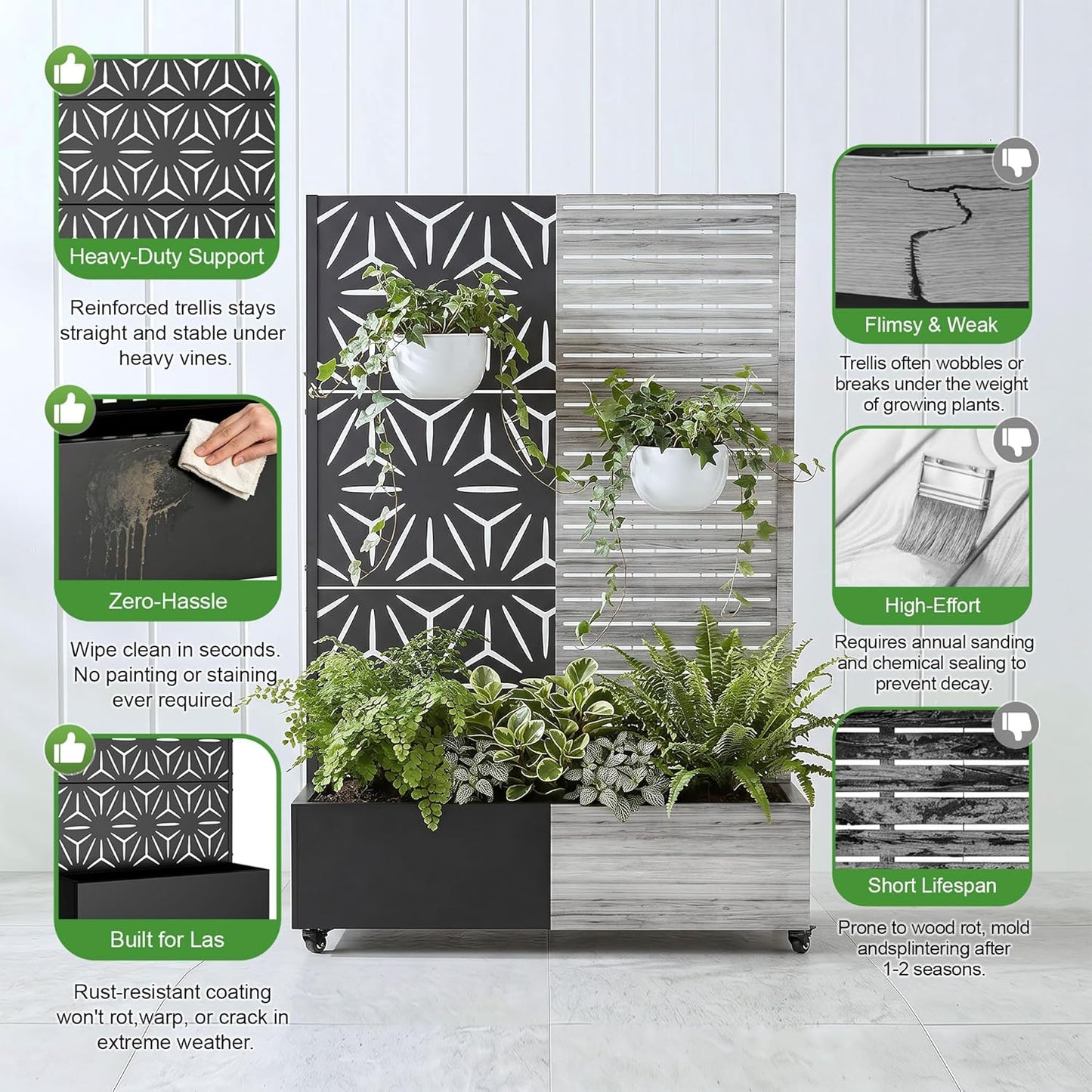 Casaphoria Metal Raised Garden Bed with Trellis and Wheels, 72"x47"x16" Planter Box for Climbing Plants, Vegetables & Vines, Features Drainage Holes and Privacy Screen (Black-Louver) - Colors A