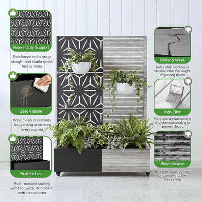 Casaphoria Metal Raised Garden Bed with Trellis and Wheels, 72"x47"x16" Planter Box for Climbing Plants, Vegetables & Vines, Features Drainage Holes and Privacy Screen (Black-Louver) - Colors A