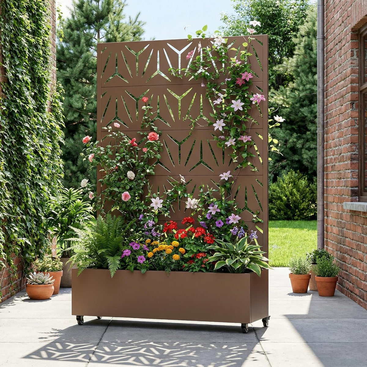 Casaphoria Metal Raised Garden Bed with Trellis and Wheels, 72"x47"x16" Planter Box for Climbing Plants, Vegetables & Vines, Features Drainage Holes and Privacy Screen (Black-Louver) - Colors B