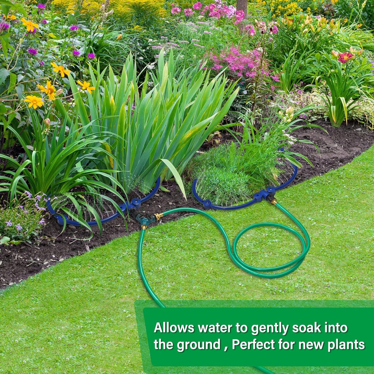 ZZM 360°Tree Water System Tree Watering Ring Circle Sprinkler and Irrigation System Targeted Water with Y Hose Splitter for New Tree Outdoor Plants Raised Garden Beds Shrubs (Small)
