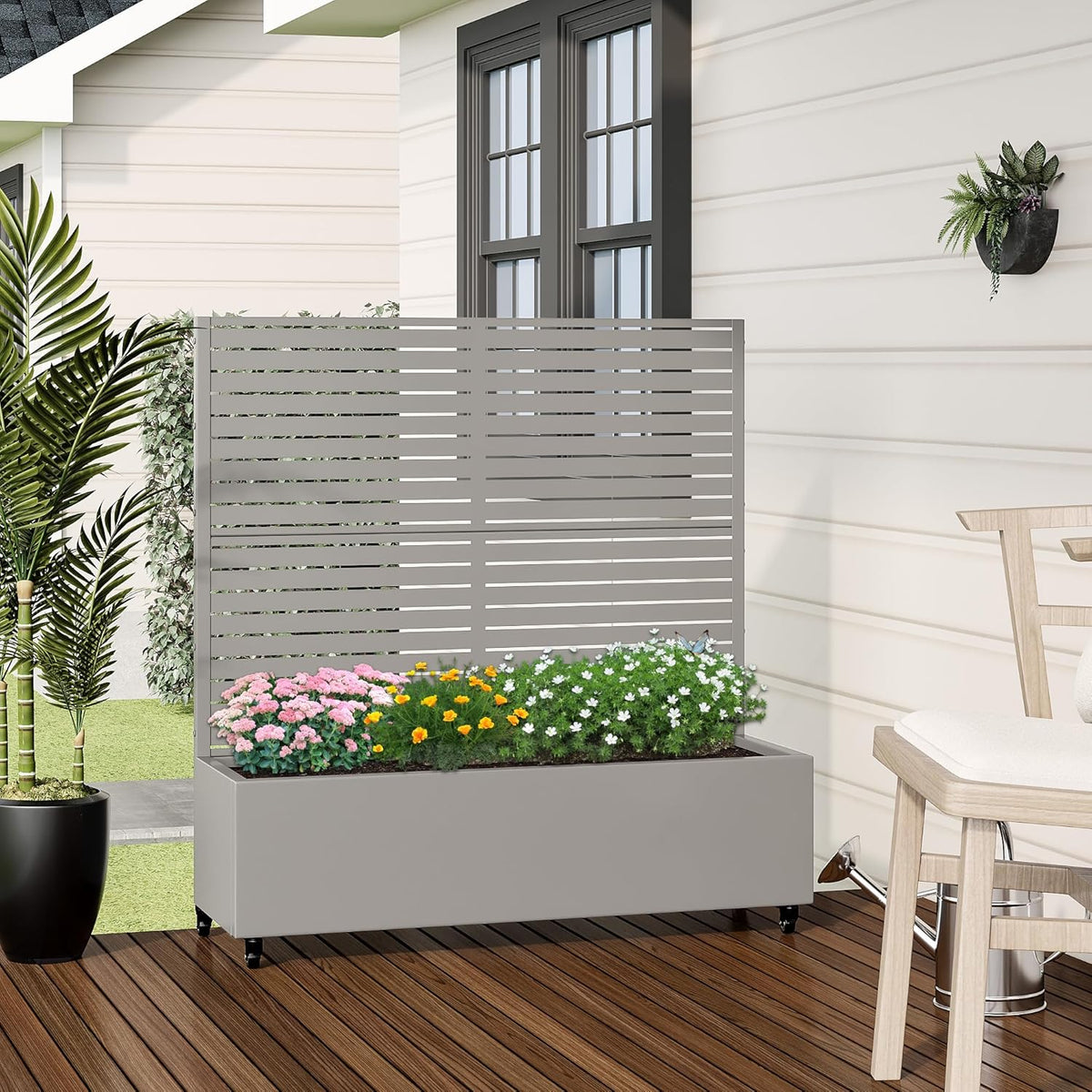 Casaphoria Metal Raised Garden Bed with Trellis and Wheels, 72"x47"x16" Planter Box for Climbing Plants, Vegetables & Vines, Features Drainage Holes and Privacy Screen (Black-Louver) - Colors A