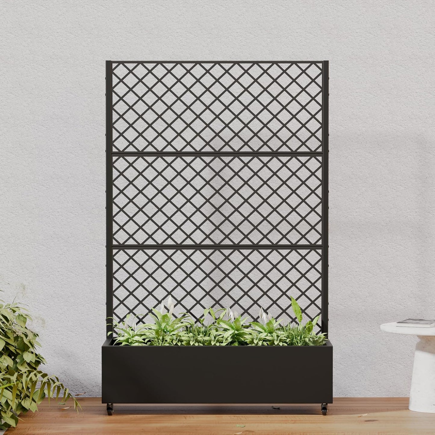 Casaphoria Metal Raised Garden Bed with Trellis and Wheels, 72"x47"x16" Planter Box for Climbing Plants, Vegetables & Vines, Features Drainage Holes and Privacy Screen (Black-Louver) - Colors D