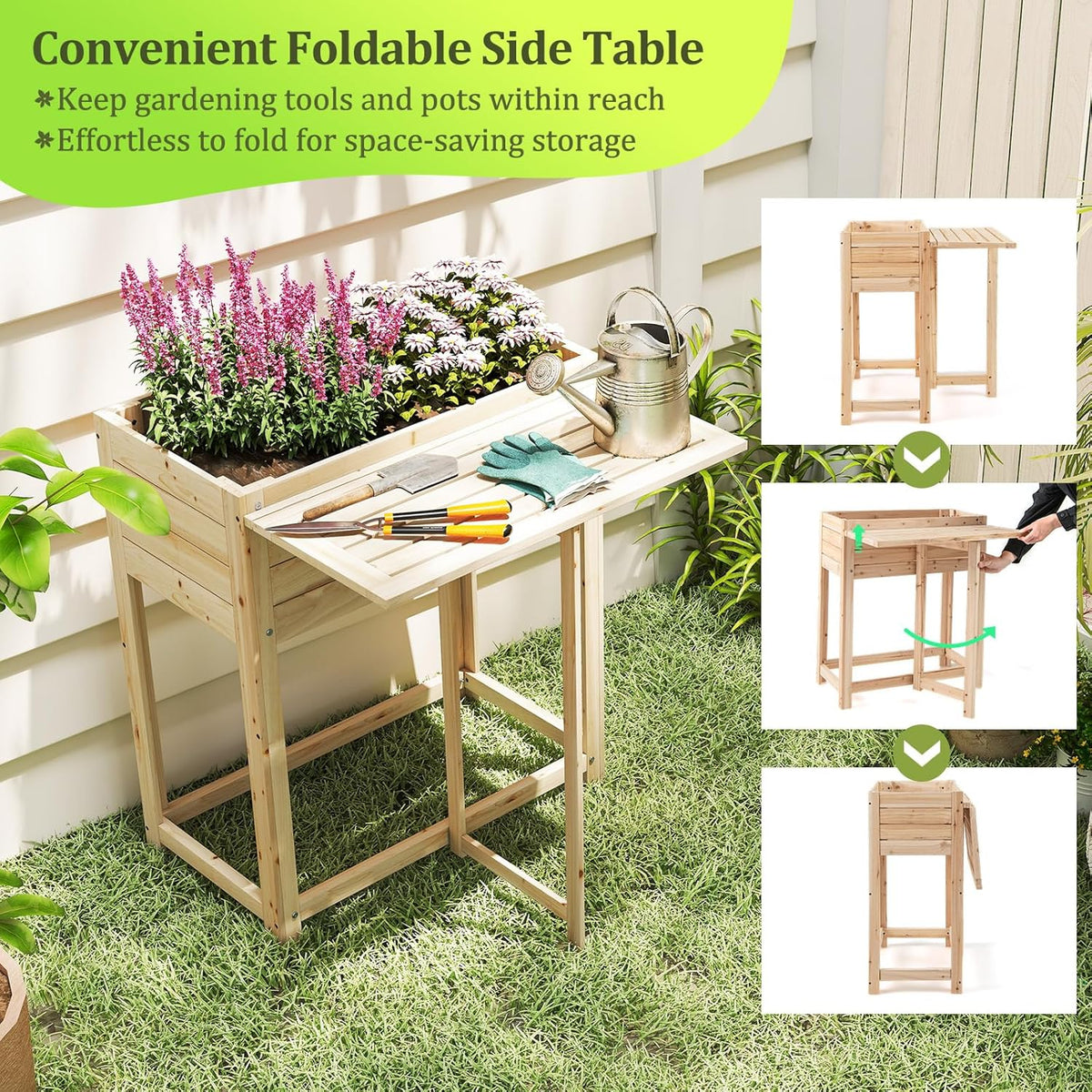 Giantex Wood Raised Garden Bed w/Folding Drop-Leaf Potting Table, Planter Box for Flower Herb Vegetable Fruit, Indoor Outdoor Elevated Raised Beds for Gardening, Backyard, Patio, Balcony