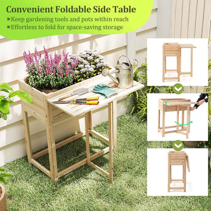 Giantex Wood Raised Garden Bed w/Folding Drop-Leaf Potting Table, Planter Box for Flower Herb Vegetable Fruit, Indoor Outdoor Elevated Raised Beds for Gardening, Backyard, Patio, Balcony