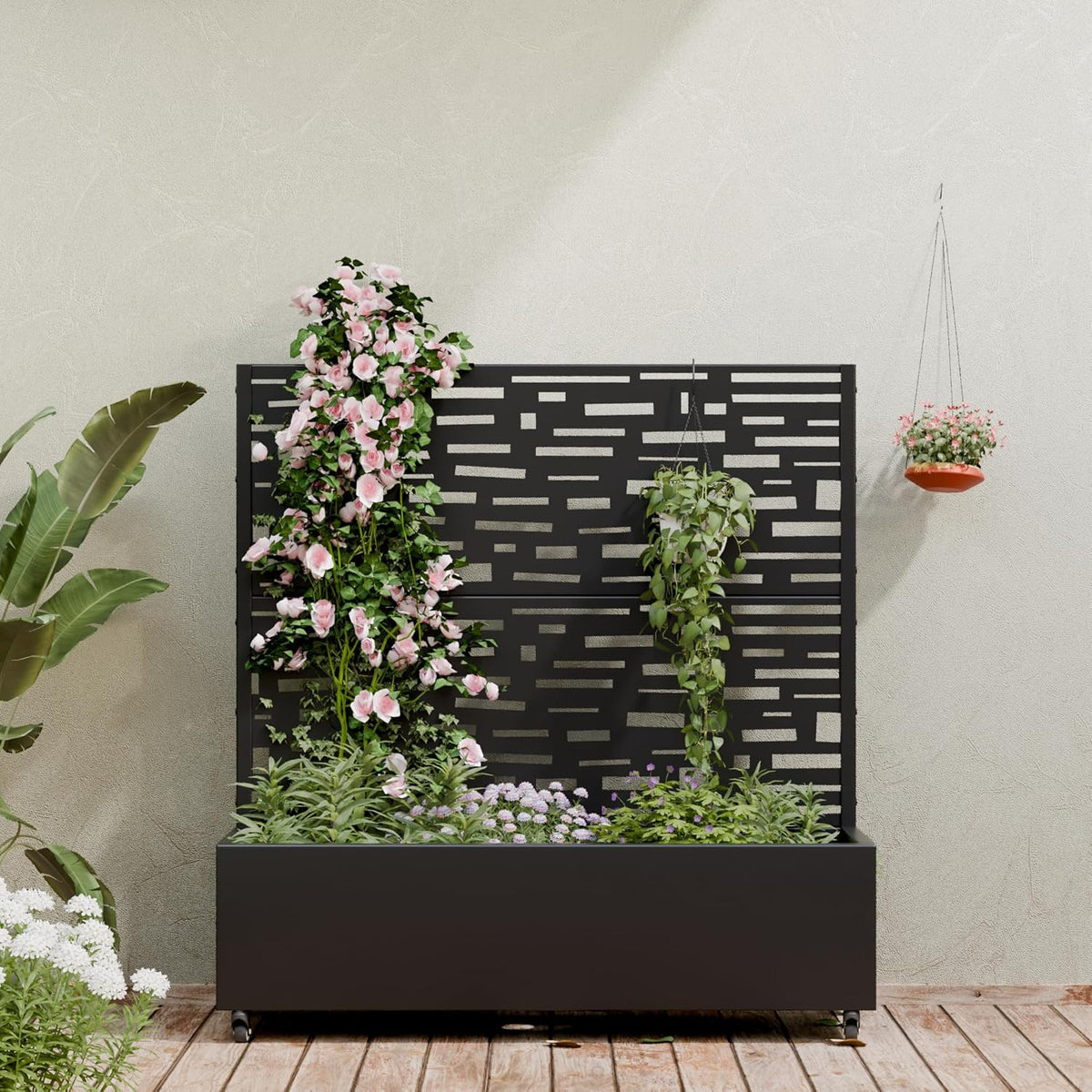Casaphoria Metal Raised Garden Bed with Trellis and Wheels, 72"x47"x16" Planter Box for Climbing Plants, Vegetables & Vines, Features Drainage Holes and Privacy Screen (Black-Louver) - Colors C