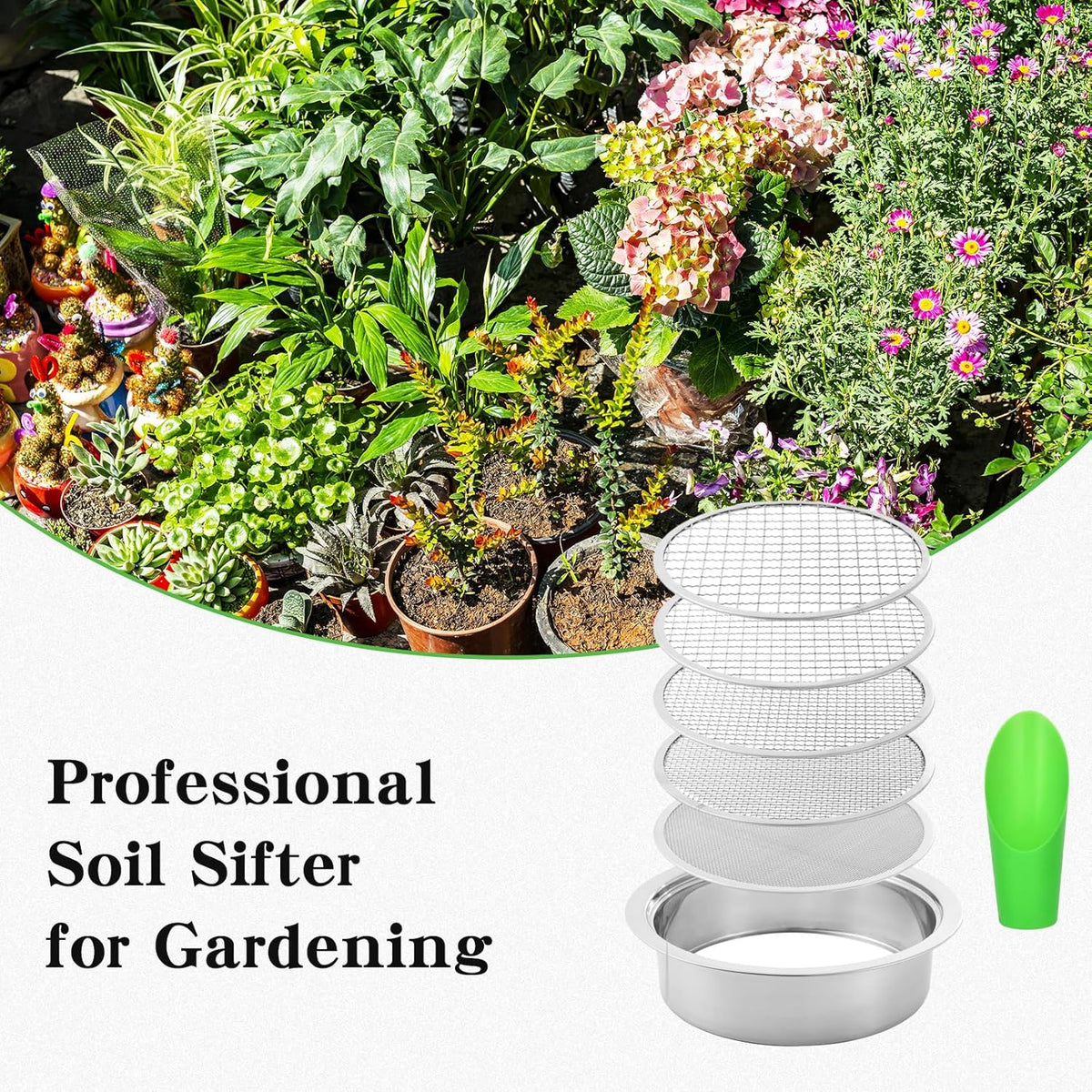 Stainless Steel Soil Sifter for Gardening,Sand Sifter Tool with Interchangeable Mesh Screens(1,3,6,9,12mm) and Scoop Shovel,Soil and Compost Screening Kit