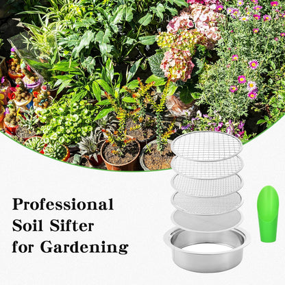 Stainless Steel Soil Sifter for Gardening,Sand Sifter Tool with Interchangeable Mesh Screens(1,3,6,9,12mm) and Scoop Shovel,Soil and Compost Screening Kit