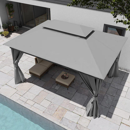 10x20 Gazebo Canopy with 100FT String Lights, Metal Heavy Duty Patio Canopy Tent with Double Roofs, Mosquito Nettings and Privacy Screens for Backyard, Garden, Lawn, Gray