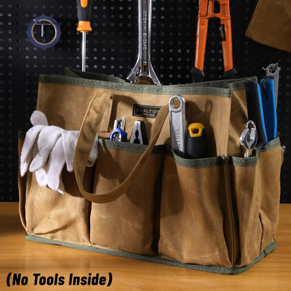 Tool Tote Bag, Heavy Duty 16oz Waxed Canvas Garden Tool Bag | Portable 11-Pocket Tool Storage Bag for Gardener Electrician Contractor Repairman (14"L x 5.5"W x 10.5"H) – Army Green