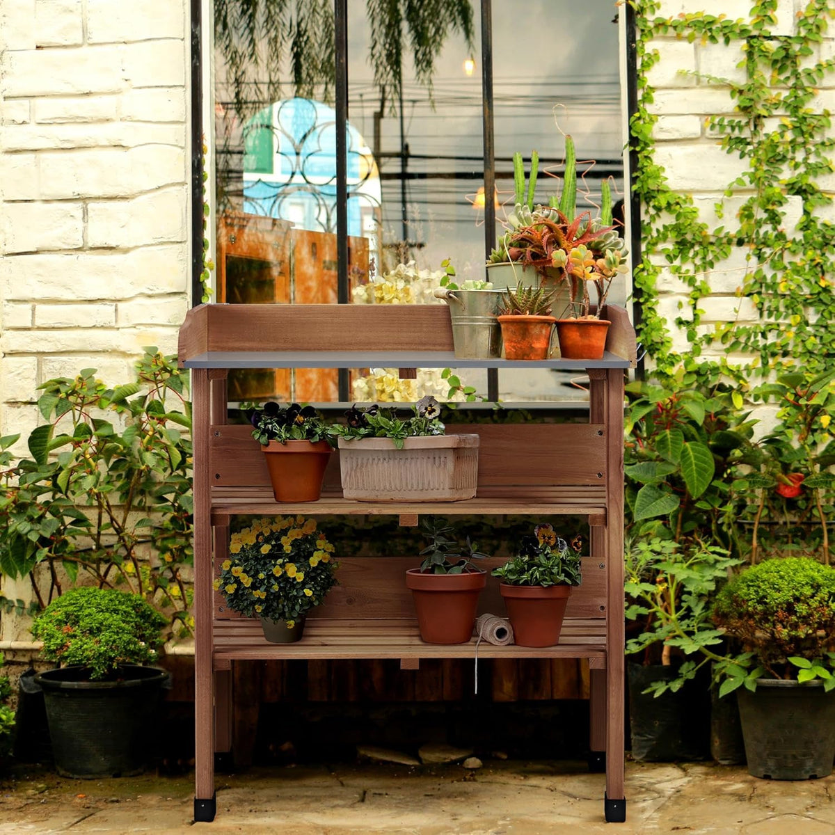 Topeakmart Potting Bench Table w/Metal Tabletop for Garden, Fir Wood Workstation w/3 Tier Shelves, Outdoor Work Bench w/Hook Natural Wood