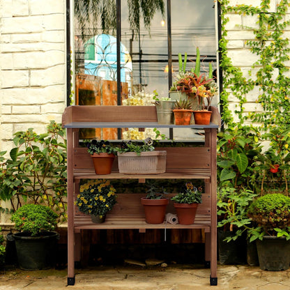 Topeakmart Potting Bench Table w/Metal Tabletop for Garden, Fir Wood Workstation w/3 Tier Shelves, Outdoor Work Bench w/Hook Natural Wood