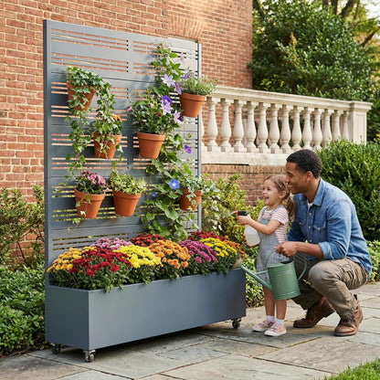 Casaphoria Metal Raised Garden Bed with Trellis and Wheels, 72"x47"x16" Planter Box for Climbing Plants, Vegetables & Vines, Features Drainage Holes and Privacy Screen (Black-Louver) - Colors C