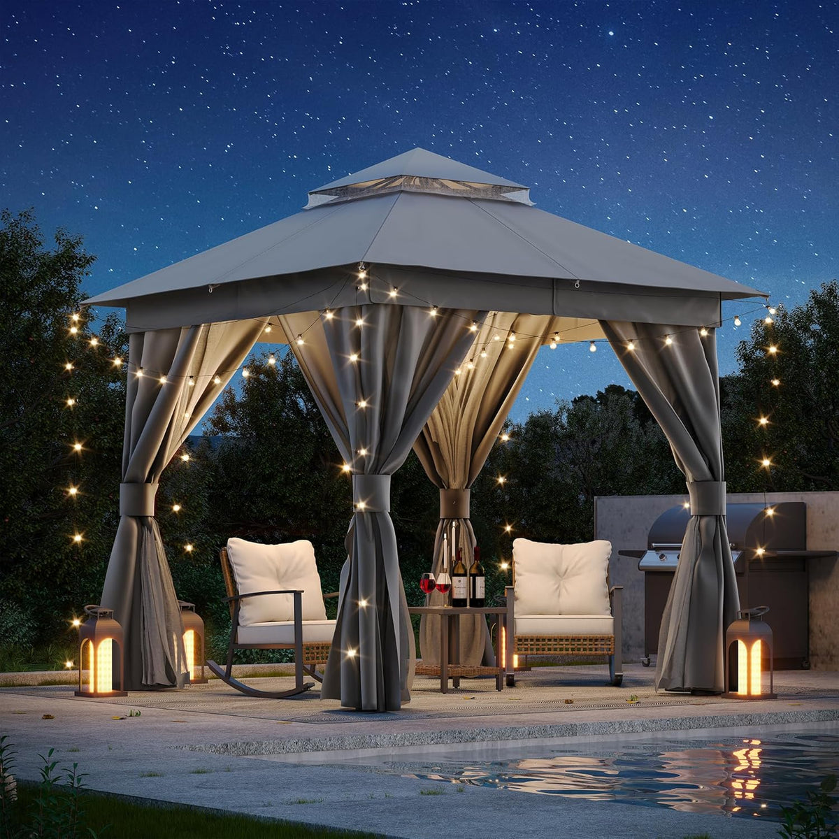 10x20 Gazebo Canopy with 100FT String Lights, Metal Heavy Duty Patio Canopy Tent with Double Roofs, Mosquito Nettings and Privacy Screens for Backyard, Garden, Lawn, Gray