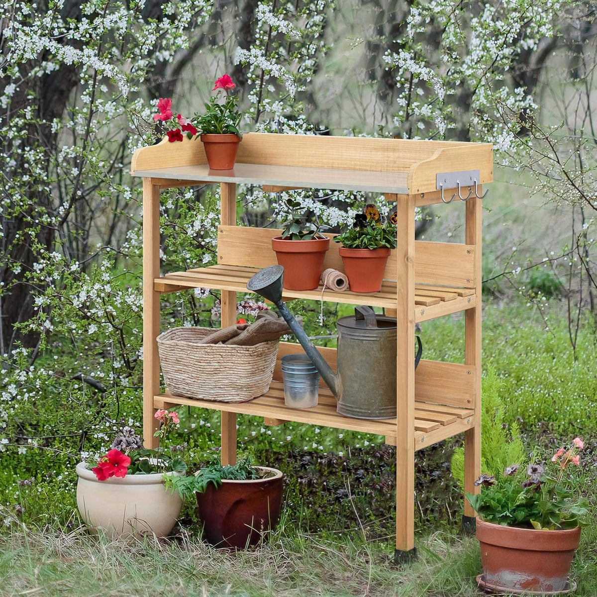 Topeakmart Potting Bench Table w/Metal Tabletop for Garden, Fir Wood Workstation w/3 Tier Shelves, Outdoor Work Bench w/Hook Natural Wood
