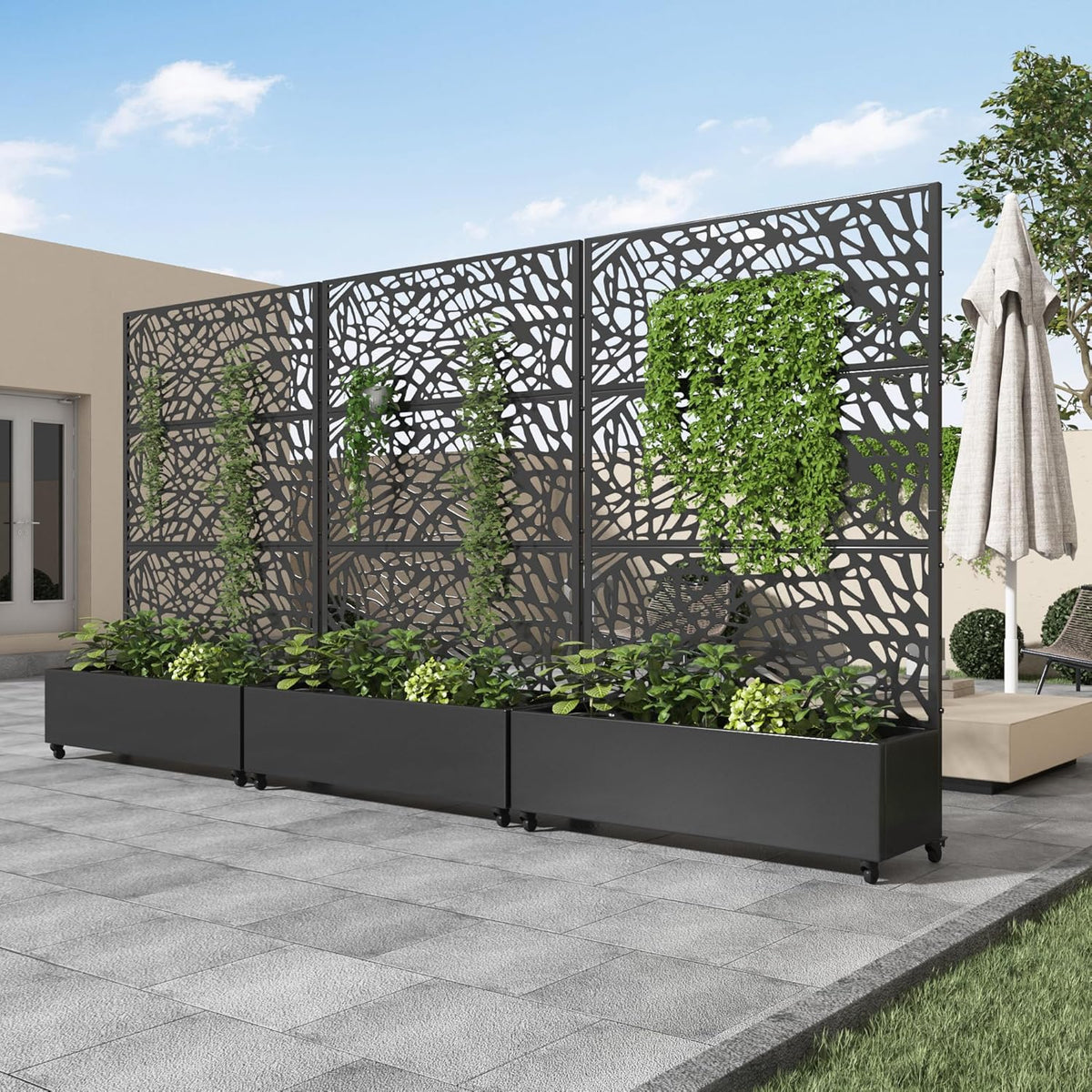 Casaphoria Metal Raised Garden Bed with Trellis and Wheels, 72"x47"x16" Planter Box for Climbing Plants, Vegetables & Vines, Features Drainage Holes and Privacy Screen (Black-Louver) - Colors B