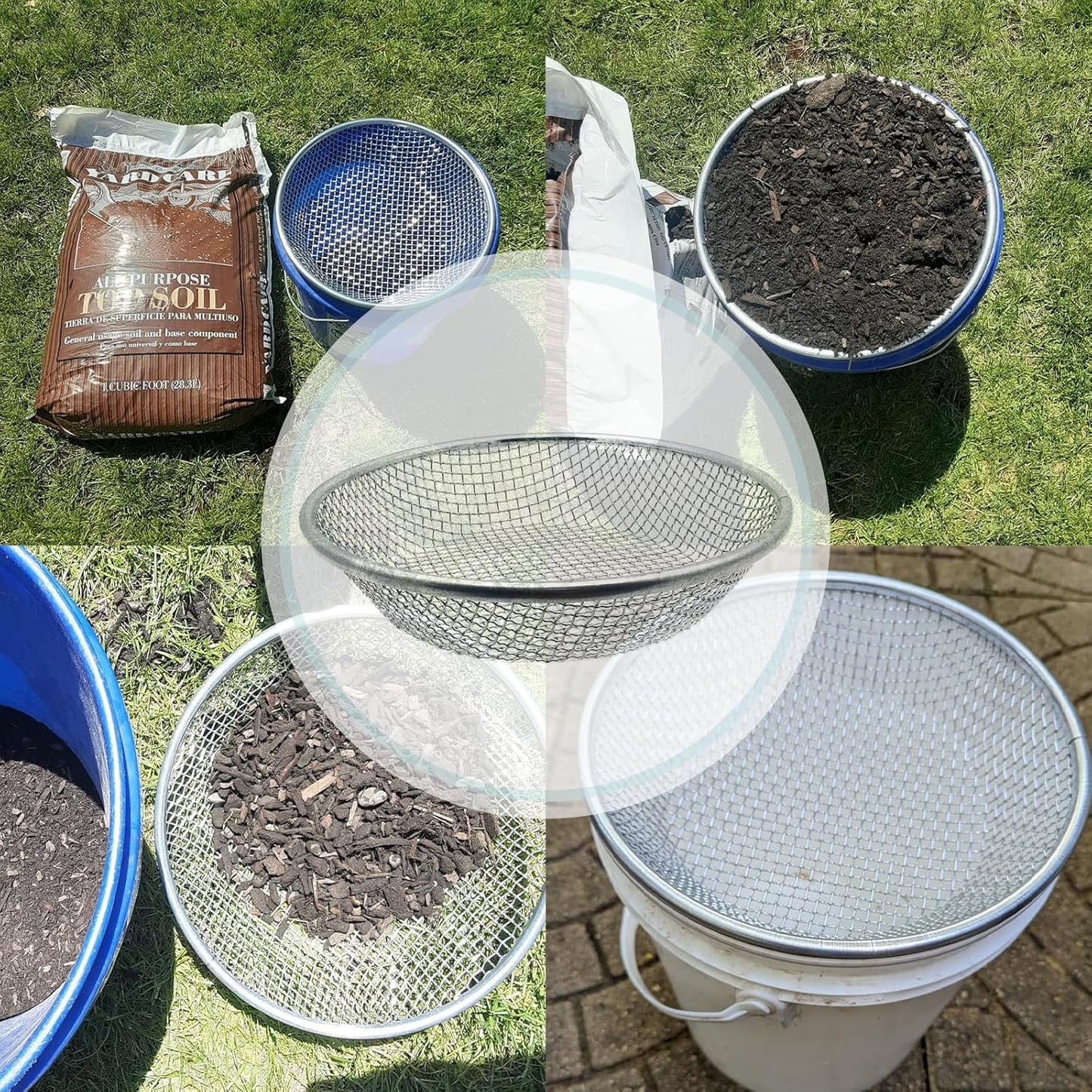 2PCS Soil Sifter for Gardening, Rock Sifter for 5 Gallon Bucket,Compost Sifter Dirt Sifter,Captures Dirt Rocks Sawdust Black Handle Upgrade Version