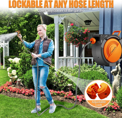 5/8" × 110 ft Retractable Hose Reel, Heavy Duty Retractable Garden Hose Reel Wall Mounted with 10-Pattern Hose Nozzle/Any Length Lock/Slow Return System/180°Swivel Bracket