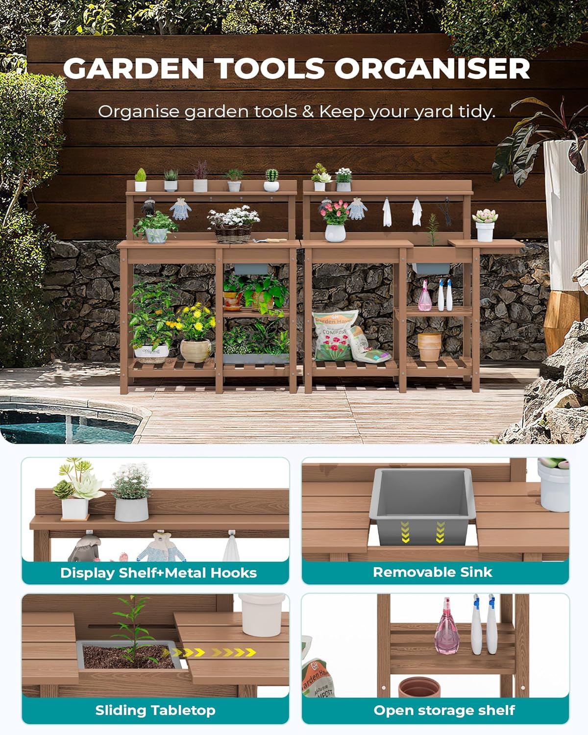 SERWALL Outdoor Potting Bench with Removeable Sink,Rot-Resistant HDPE Potting Table for Outside Gardening, All Weather Use - Gray
