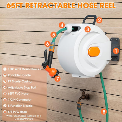 Fenbeli 50 FT Retractable Garden Hose Reel, Wall Mounted Auto Rewind, Any Length Lock, 10 Pattern Nozzle, 180° Swivel Bracket, Burst-Resistant Hose, Brass Fittings for Yard, Garden, Patio, Car Wash