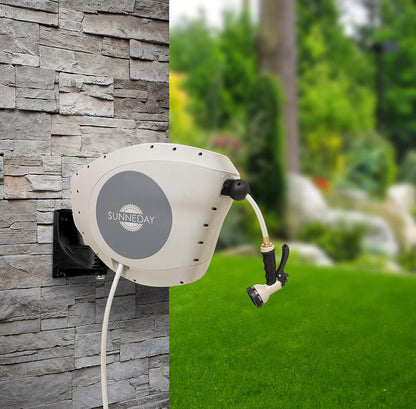 Sunneday 82ft Retractable Hose Reel 1/2 | Automatic Retractable Hose Reel w/Wall Mount | Easy to Assemble Water Hose Reel w/Flexible Swivel Mount | Retractable Garden Hose Reel (85ft. Tan/Gray)