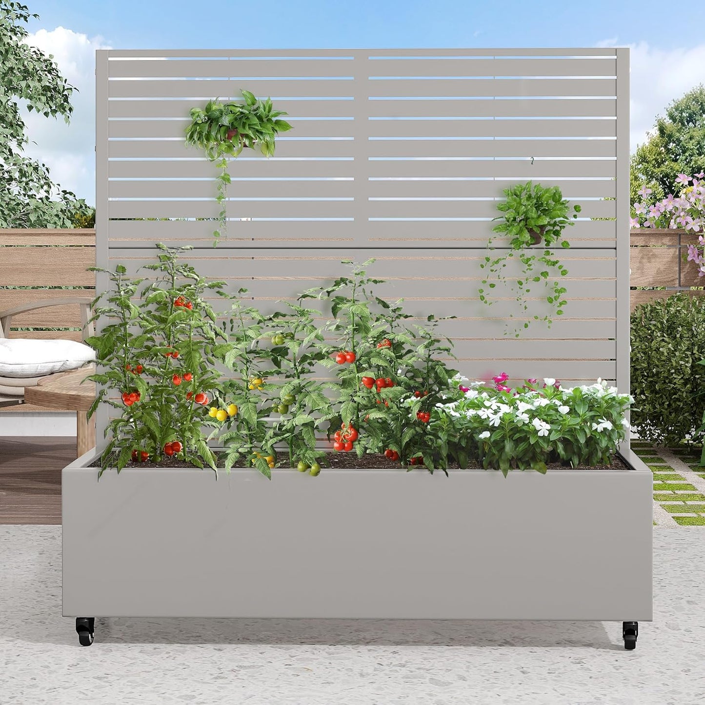 Casaphoria Metal Raised Garden Bed with Trellis and Wheels, 72"x47"x16" Planter Box for Climbing Plants, Vegetables & Vines, Features Drainage Holes and Privacy Screen (Black-Louver) - Colors A