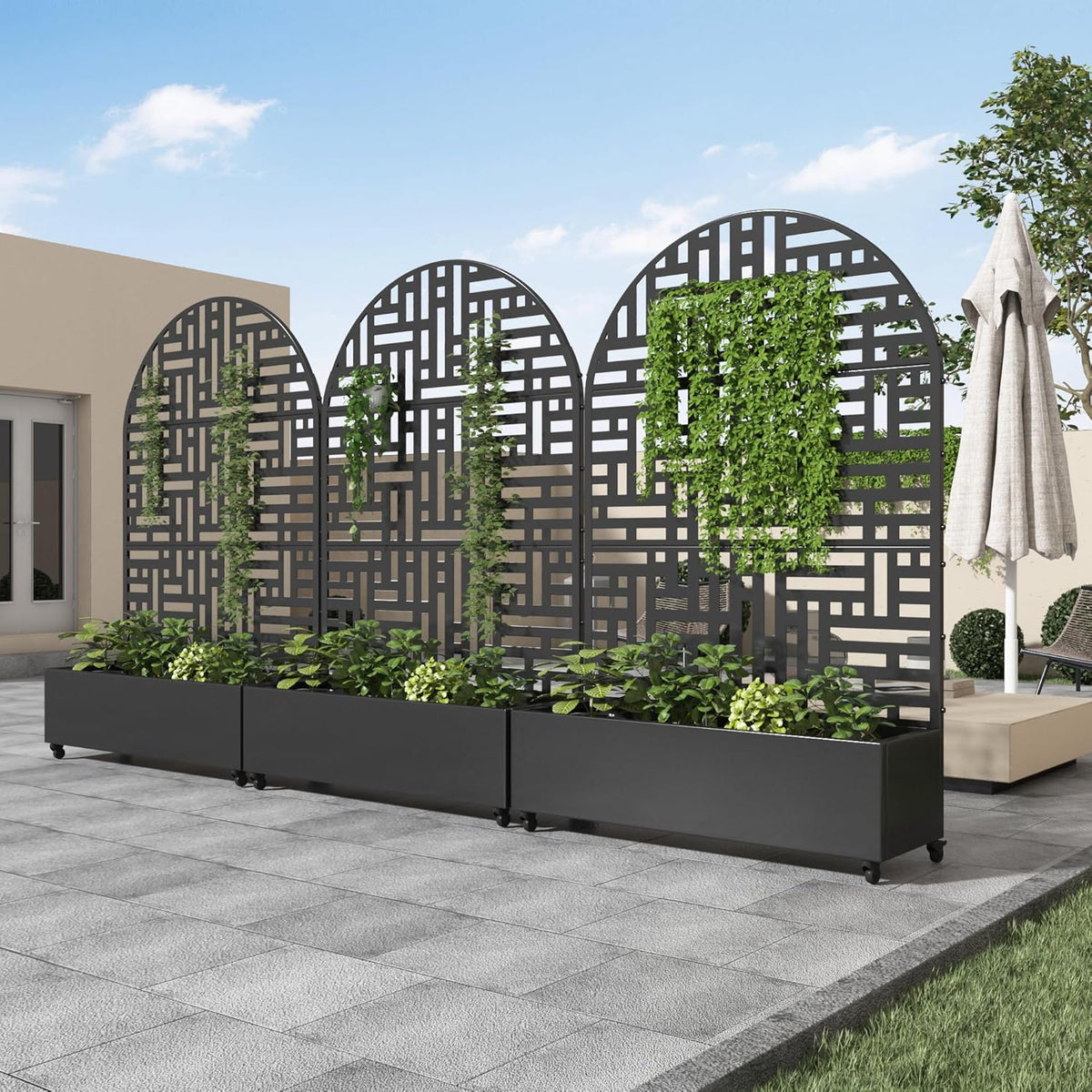 Casaphoria Metal Raised Garden Bed with Trellis and Wheels, 72"x47"x16" Planter Box for Climbing Plants, Vegetables & Vines, Features Drainage Holes and Privacy Screen (Black-Louver) - Colors D
