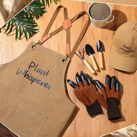 Tarpop Garden Tool Set Christmas Plant Whisperer Gardening Gifts for Women, 7 Pcs Vegetable Planting Tool Kit Cap Canvas Apron Gloves Soil Scoop Transplant Trowel Cultivator Flower Tub(Green)