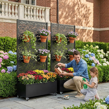Casaphoria Metal Raised Garden Bed with Trellis and Wheels, 72"x47"x16" Planter Box for Climbing Plants, Vegetables & Vines, Features Drainage Holes and Privacy Screen (Black-Louver) - Colors A