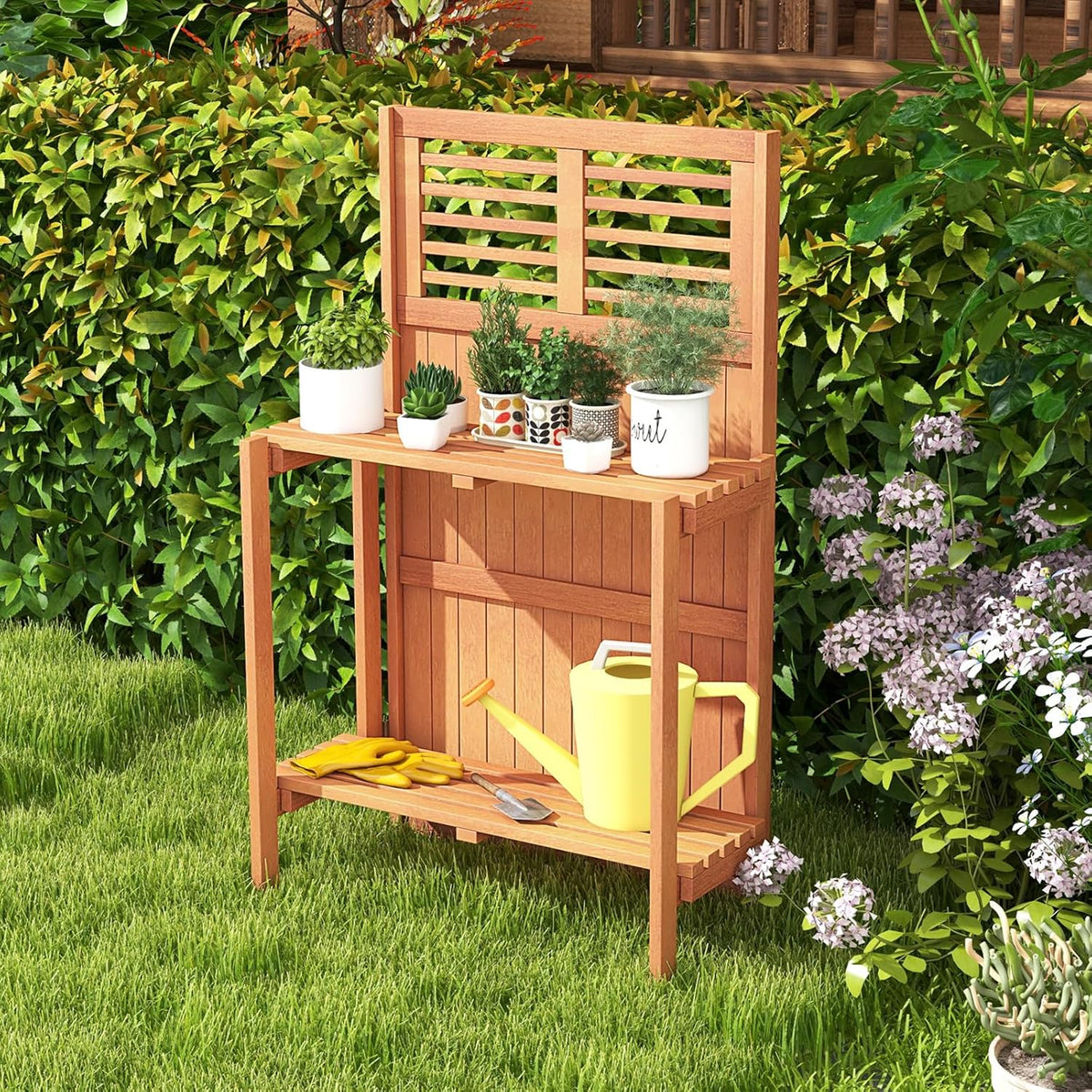 Garden Potting Bench Table, Folding Potting Bench Outdoor Workstation with Trellis & 2-Tier Shelves, Wood Potting Table for Outdoor, Deck, Balcony, Garden, Backyard