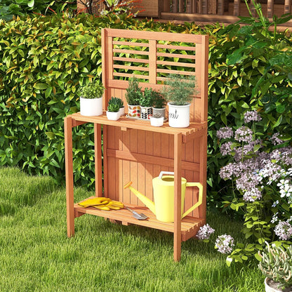 Garden Potting Bench Table, Folding Potting Bench Outdoor Workstation with Trellis & 2-Tier Shelves, Wood Potting Table for Outdoor, Deck, Balcony, Garden, Backyard