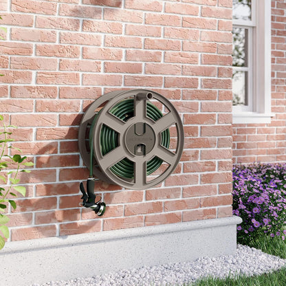 Suncast 100 ft Garden Hose Holder Wall Mount, Taupe Heavy-Duty Wall Mounted Water Hose Reel for Outside Use, Manually Retractable Sidewinder, Open Space-Saving Storage, Made in the USA