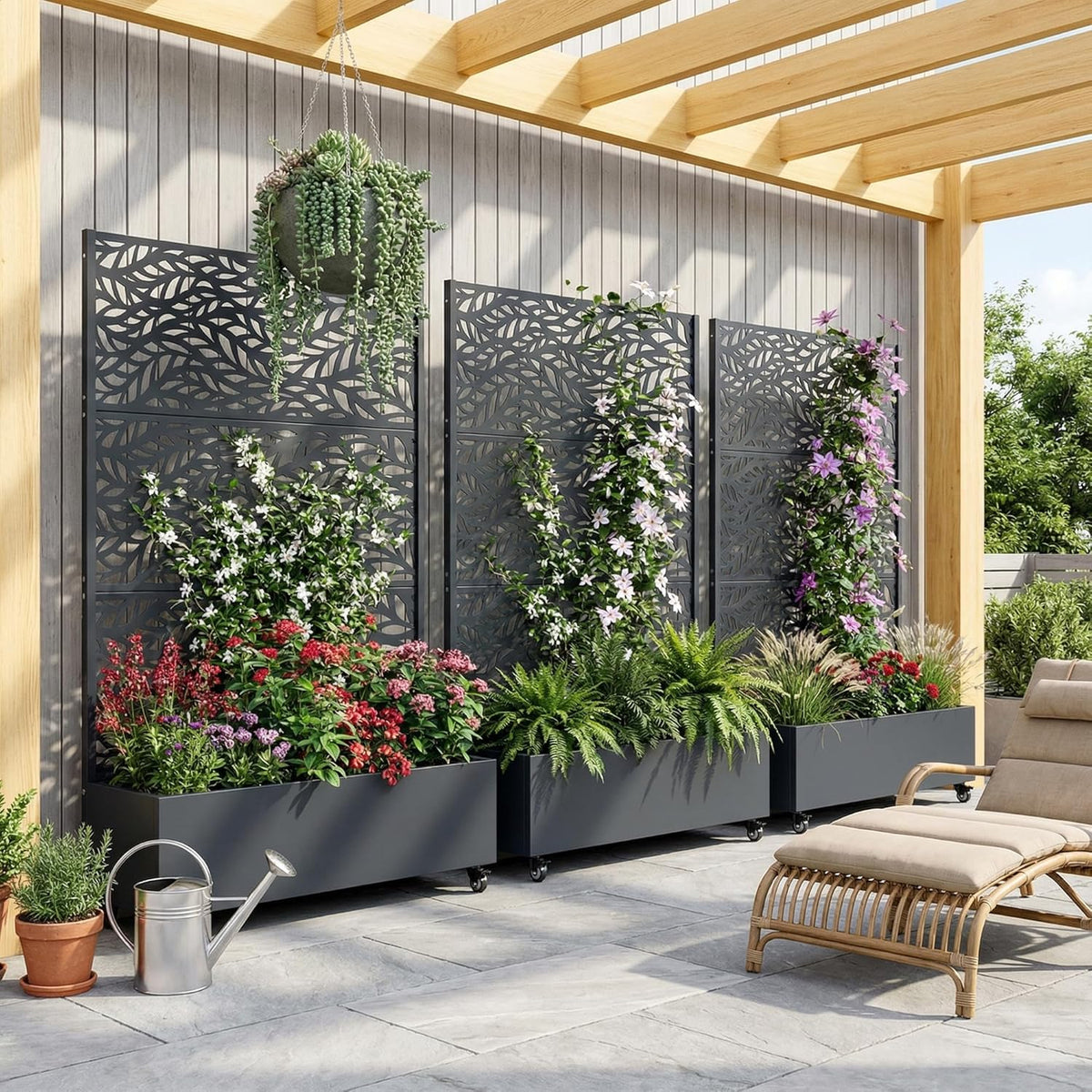 Casaphoria Metal Raised Garden Bed with Trellis and Wheels, 72"x47"x16" Planter Box for Climbing Plants, Vegetables & Vines, Features Drainage Holes and Privacy Screen (Black-Louver) - Colors B