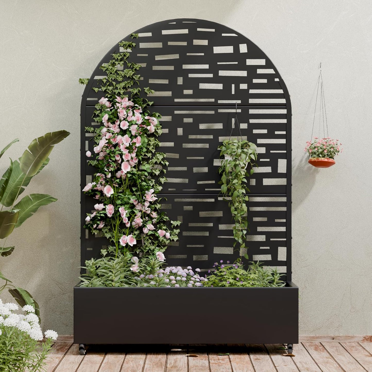 Casaphoria Metal Raised Garden Bed with Trellis and Wheels, 72"x47"x16" Planter Box for Climbing Plants, Vegetables & Vines, Features Drainage Holes and Privacy Screen (Black-Louver) - Colors B