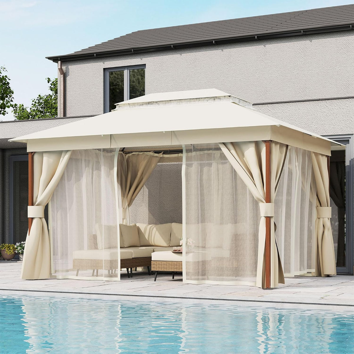 10x20 Gazebo Canopy with 100FT String Lights, Metal Heavy Duty Patio Canopy Tent with Double Roofs, Mosquito Nettings and Privacy Screens for Backyard, Garden, Lawn, Gray