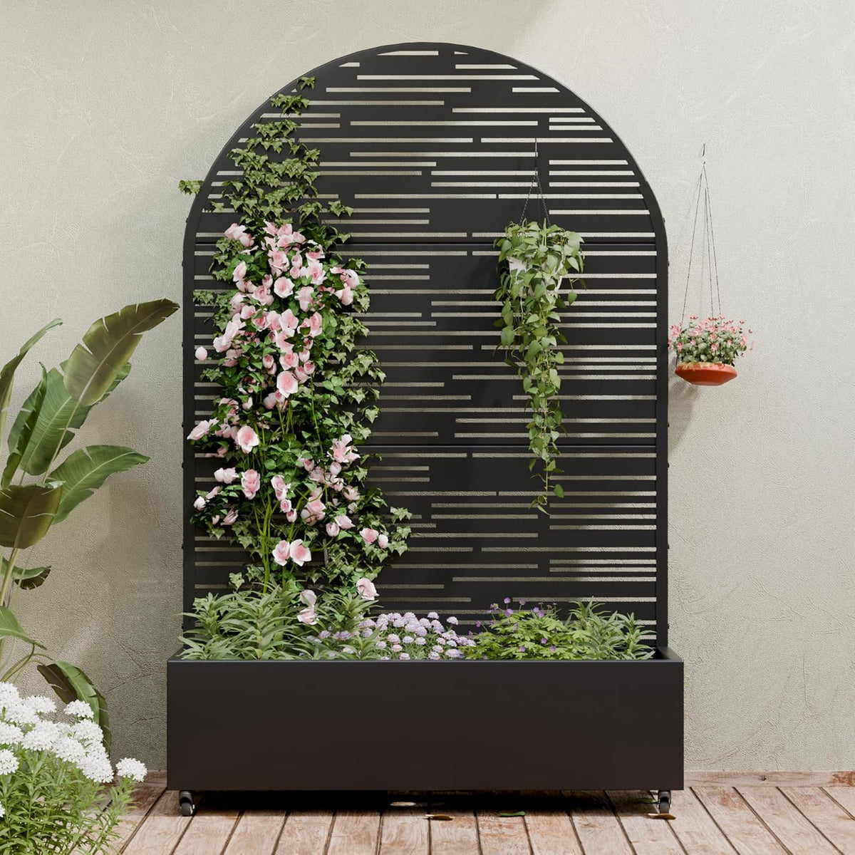 Casaphoria Metal Raised Garden Bed with Trellis and Wheels, 72"x47"x16" Planter Box for Climbing Plants, Vegetables & Vines, Features Drainage Holes and Privacy Screen (Black-Louver) - Colors A