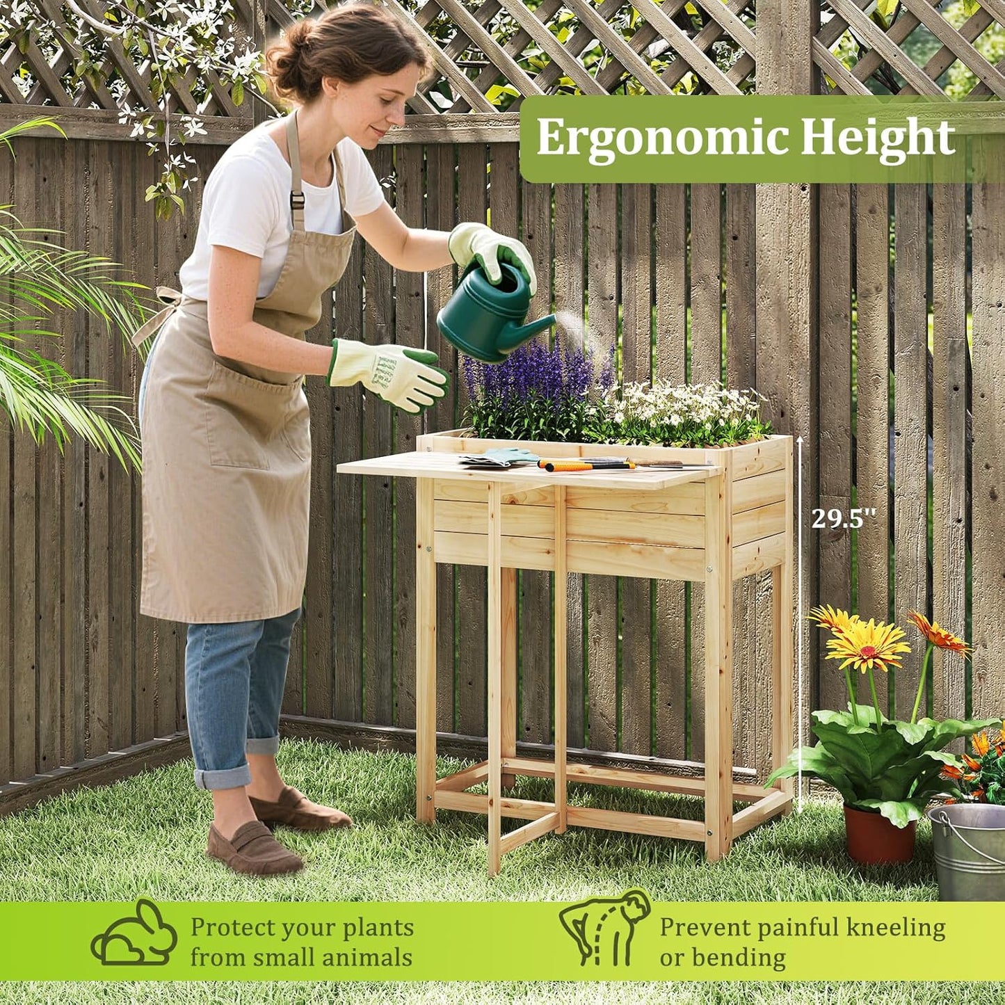 Giantex Wood Raised Garden Bed w/Folding Drop-Leaf Potting Table, Planter Box for Flower Herb Vegetable Fruit, Indoor Outdoor Elevated Raised Beds for Gardening, Backyard, Patio, Balcony