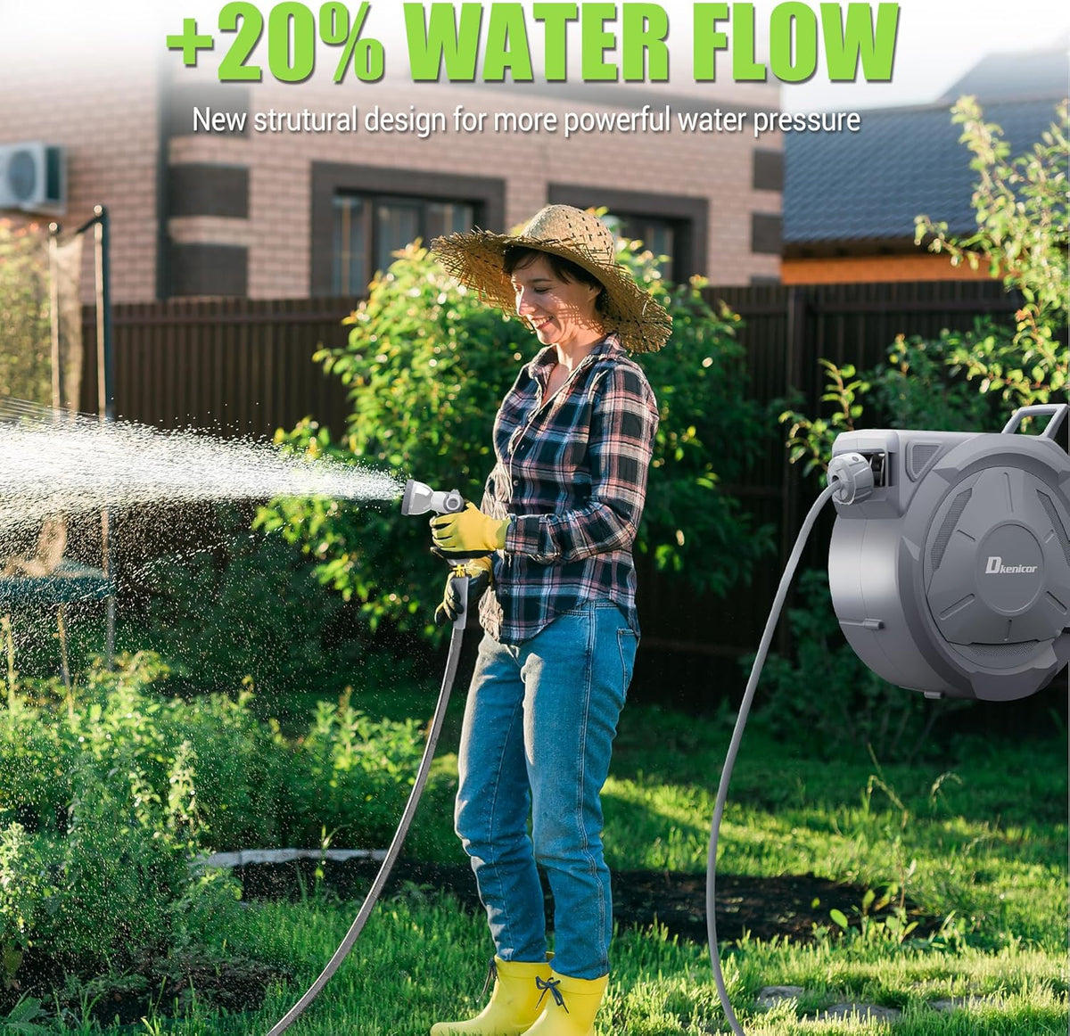 5/8" × 110 ft Retractable Hose Reel, Heavy Duty Retractable Garden Hose Reel Wall Mounted with 10-Pattern Hose Nozzle/Any Length Lock/Slow Return System/180°Swivel Bracket