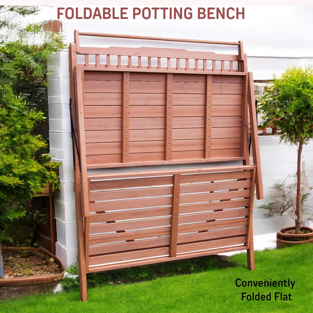 Northbeam Foldable Potting Bench Table - 2-Tier Storage Shelves - Wooden with Large Working Surface, All-Weather Garden Table Work Station with Sliding Tabletop, Perfect for Balcony, Garden, Backyard